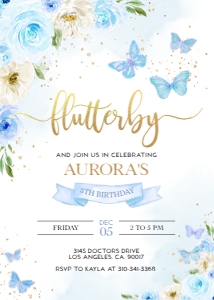 KP060_INVITATION-B: EDITABLE Butterfly Birthday Invitation, Kids Magical Garden Invite Template, Floral Sky Blue and Gold Girl Party, Instant Download KP060