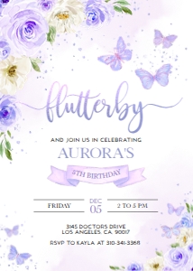 KP060_INVITATION-C: EDITABLE Butterfly Birthday Invitation, Kids Magical Garden Invite Template, Floral Lilac Purple and Gold Girl Party, Instant Download KP060