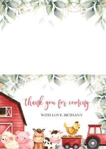 BS113-A-005-Thank You Card-5 by 3.5 in (Tentfold): Farm Baby Shower Bundle, EDITABLE Barn Animals Baby Shower Invite, Ranch Baby Shower Games, Red Boy Barnyard Animal, Instant Download, BS113