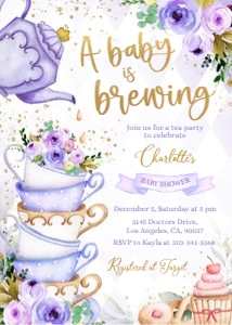 EDITABLE Tea Baby Shower Invitation, Baby is Brewing, Whimsical Tea Invite Template, Floral Gold & Lilac, High Tea, Instant Download, BS131 design preview