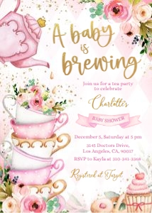 BS131-A-001-Invitation-5 by 7 inches: EDITABLE Tea Baby Shower Invitation, Baby is Brewing, Whimsical Tea Invite Template, Floral Gold and Pink, High Tea, Instant Download, BS131