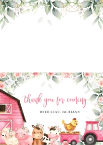 BS114-A-005-Thank You Card-5 by 3.5 in (Tentfold): EDITABLE Farm Baby Shower Invitation Template Set, Barn Animals Baby Shower Invite, Ranch Girl Baby Shower, Floral Pink Barnyard BS114
