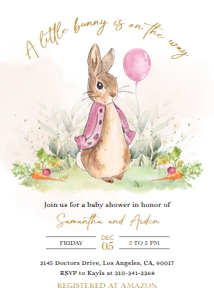 Peter Rabbit Baby Shower Invitation Template Set, EDITABLE Rustic Bunny Girl Invite, Pink Balloons, Spring Garden, Instant Download, BS133 design preview