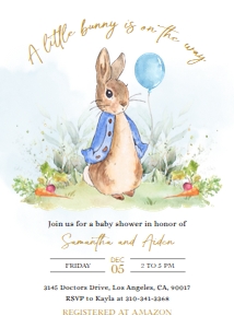 EDITABLE Peter Rabbit Baby Shower Invitation, Rustic Bunny Watercolor Invite, Blue Balloon Boy Party, Spring Garden, Instant Download, BS133 design preview