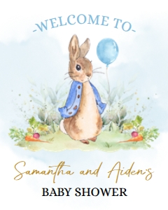 EDITABLE Peter Rabbit Baby Shower Welcome Sign, DIY Rustic Boy Bunny Watercolor Banner, Blue Balloon Spring Brunch, Instant Download, BS133 design preview