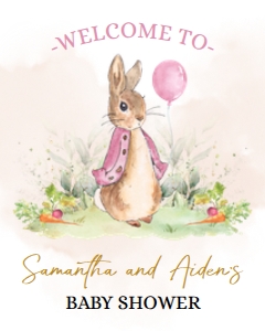EDITABLE Peter Rabbit Baby Shower Welcome Sign, DIY Rustic Girl Bunny Watercolor Banner, Pink Balloon Spring Brunch, Instant Download, BS133 design preview