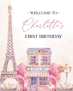 EDITABLE Paris First Birthday Welcome Sign, French 1st Party Template, Girl Eiffel Tower, Chic Pink Parisian Cafe, Instant Download KP050 design preview
