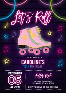 EDITABLE Roller Skating Birthday Party Invitation, Roller Skate Template, Neon Glow Rainbow Invite, Girl Tween Club, Instant Download, KP066 design preview