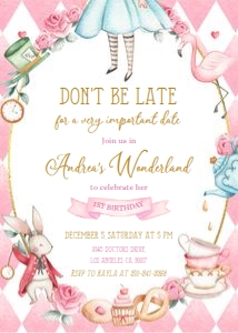KP073-INV-B: Alice in Wonderland Birthday Invitation, EDITABLE Whimsical Tea Party Invite Template, Classic Pink Onederland Girls, Instant Download KP073