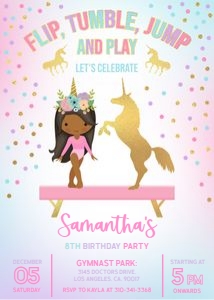 KP036_INV-C: Gymnastics Unicorn Birthday Invitation, EDITABLE Gymnastics Party Invite Template, Brown Girl Gymnast Magical Unicorn Instant Download KP036