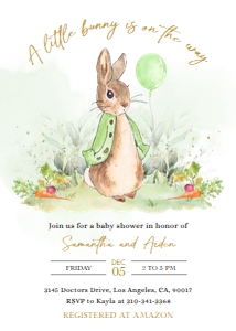 EDITABLE Peter Rabbit Baby Shower Invitation, Rustic Bunny Watercolor Invite, Green Balloon Boy Party, Spring Garden, Instant Download BS133 design preview