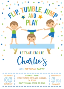 Gymnastics Birthday Invitation, EDITABLE Gymnastics Party Invitation Template, Boy Tumbling Gymnasts Birthday Invite, Instant Download KP074 design preview