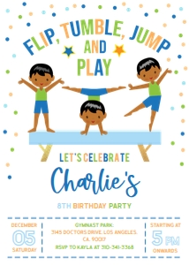 KP074_INVITATION-B: Gymnastics Birthday Invitation, EDITABLE Gymnastics Party Template, Brown Skin Boy Tumbling Gymnasts Birthday Invite, Instant Download KP074