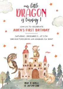 Dragon First Birthday Invitation, EDITABLE Medieval Boy Party Invite Template, Mythical Creatures, Watercolor Castle, Instant Download KP078 design preview