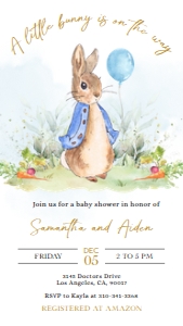 Peter Rabbit Baby Shower Evite, EDITABLE Flopsy Bunny Watercolor Invitation, Rustic, Blue Balloon Boy, Spring Garden, Instant Download BS133 design preview