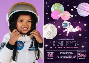 Space 1st Birthday Invitation, Editable Galaxy Party Invite Template With Photo, First Trip Around The Sun Astronaut, Instant Download KP034 design preview