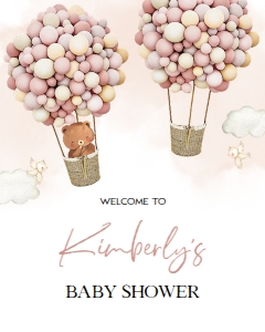 BS119_WELCOME SIGN-B: Boho Hot Air Balloon Baby Shower Welcome Sign, Editable Pink Bear Girl Baby Shower Banner Template, Up Up And Away, Instant Download BS119