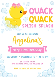 KP094-INV-A: Rubber Duckie Birthday Invitation, Editable Duck Party Invitation Template, Girls First Birthday Invite, Bath Time, Instant Download KP094