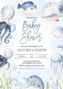 Under The Sea Baby Shower Invitation Set, Editable Ocean Animals Party Invite Pack, Nautical Baby Sprinkle Bundle, Whales Template, BS139 design preview