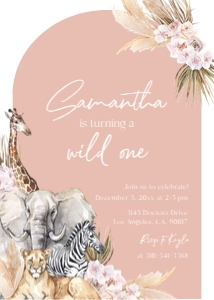 Boho Safari Birthday Invitation, Editable Jungle Animal Party Invite Template, Blush Pink Kid's Birthday Decor, Instant Download KP097 design preview