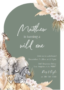Boho Safari Birthday Invitation, Editable Jungle Animal Party Invite Template, Sage Green Kid's Birthday Decor, Instant Download KP097 design preview