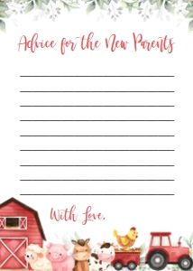 BS113-A-019-Advice for the New Parents Card-5 by 7 inches: Farm Baby Shower Bundle, EDITABLE Barn Animals Baby Shower Invite, Ranch Baby Shower Games, Red Boy Barnyard Animal, Instant Download, BS113