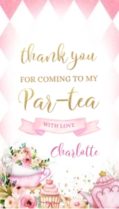EDITABLE Tea Party Birthday Thank You For Coming Gift Tag, Whimsical Party Favor Tag, Pink and Gold Par-Tea Birthday Label, Gift Tag, KP056 design preview
