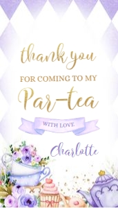 EDITABLE Tea Party Birthday Thank You For Coming Gift Tag, Whimsical Party Favor Tag, Purple and Gold Par-Tea Birthday Label, Gift Tag KP056 design preview