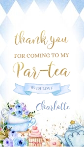 EDITABLE Tea Party Birthday Thank You For Coming Gift Tag, Whimsical Party Favor Tag, Blue and Gold Par-Tea Birthday Label, Gift Tag, KP056 design preview