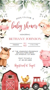 EDITABLE Farm Baby Shower Evite, Barn Animals Baby Shower Digital Invite, Ranch Boy Baby Sprinkle, Red Barnyard Animals, Easy Template BS113 design preview