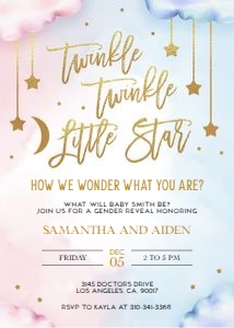 Twinkle Twinkle Little Star Gender Reveal Invitation, Gold Moon and Stars Gender Reveal Party Invite Template, He Or She, Boy Or Girl, GR008 design preview
