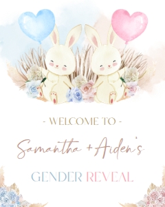 GR006_Welcome Sign-16 by 20 inches: Bunny Gender Reveal Welcome Sign, Boho Rabbit Gender Reveal Party Decor, He Or She, Boy Or Girl Template, Watercolor, Pampas Grass, GR006