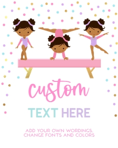 KP035_B-SIGN001-Custom Text-8 by 10 inches: Gymnastics Birthday Custom Text Sign, EDITABLE Gymnastics Party Banner Template, Brown Girl Gymnast Birthday Decor, Instant Download KP035