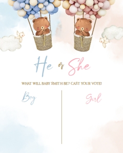 Teddy Bears Gender Reveal Voting Sign, Hot Air Balloon Guess The Gender Template, He Or She Games, Boy Or Girl, Boho Watercolor Bear, GR007 design preview
