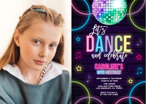 Dance Party Invitation with Photo, Editable Disco Party Invite, Customizable Glow Neon Template, Dancing Tween Girls, Instant Download KP067 design preview