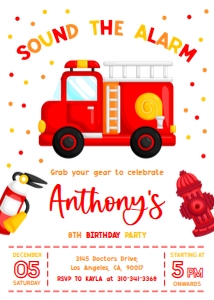 Fire Truck Birthday Invitation, EDITABLE Fireman Party Invitation Template, Fire Engine Invite, Sound The Alarm Boys, Instant Download KP107 design preview