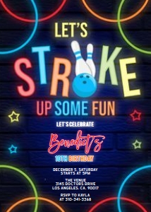 Bowling Birthday Invitation, Editable Glow Neon Party Invite Template, Boys Arcade, Let's Strike Up Some Fun Kids, Instant Download KP112 design preview