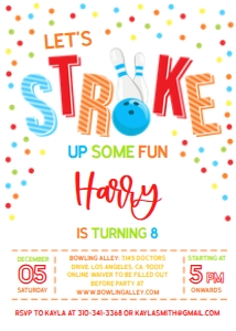 Bowling Birthday Invitation, Editable Kids Party Invite Template, Let's Strike Up Some Fun, Colorful Bowling Party, Instant Download KP111 design preview