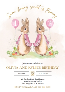 Peter Rabbit Joint Birthday Invitation, Editable Invite Template, Pink Rustic Bunny, 1st Birthday, Combined Party, Instant Download KP059 design preview