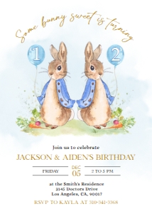 Peter Rabbit Joint Birthday Invitation, Editable Invite Template, Blue Rustic Bunny, 1st Birthday, Combined Party, Instant Download KP059 design preview