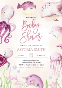 Under The Sea Baby Shower Invitation, Editable Ocean Animals Party Invite Template, Girl Baby Sprinkle, Nautical Pink Whales, Digital BS139 design preview