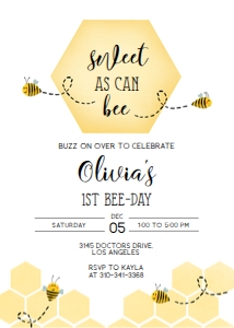 Sweet As Can Bee First Birthday Invitation, Editable Bumble Bee Party Invite Template, Spring 1st Birthday, Unisex Kid, Honeycomb, KP113 design preview