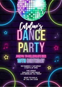 Kids Dance Party Invitation, Editable Disco Birthday Invite, Glow Neon Template, Disco Music, Dancing Girl Tween, Instant Download KP067 design preview