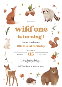 Boho Woodland First Birthday Invitation, EDITABLE Wild One Party Invite, Unisex Minimalist Template, Forest Animals, Instant Download KP114 design preview