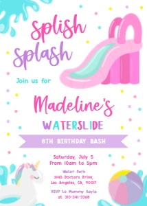 Waterslide Birthday Invitation, EDITABLE Pool Party Invite Template, Summer Splash Kid Birthday, Pink Backyard Party, Instant Download KP116 design preview
