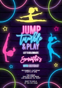 KP118-A_INVITATION: Neon Gymnastics Birthday Invitation, Jump Party Invite Template, Glow Neon Invite, Dancing, Girl Tween Birthday, Instant Download, KP118