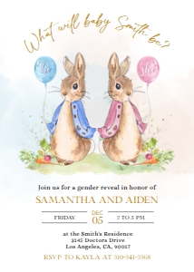 Peter Rabbit Gender Reveal Invitation, Editable Gender Neutral Invite Template, Blue & Pink Rustic Bunny, He Or She Game, Boy Or Girl, GR010 design preview