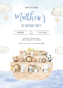 KP117_INV-BBS-A: Noah's Ark First Birthday Invitation, Editable Boho Animals Party Template, Bible Story, Noah's Ark Blue Boy Invite, Instant Download KP117