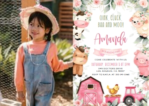 Farm Birthday Invite with Photo, EDITABLE Barn Animal Invite Template, Ranch Kids Party, Pink Floral Barnyard Animal, Instant Download KP082 design preview