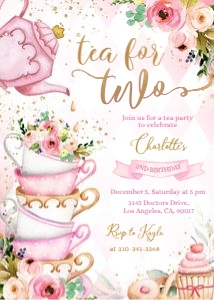 Tea For Two Birthday Invitation, Pink and Gold Par-tea Invite Template, Whimsical Girls Tea Party, High Tea Floral, Instant Download KP056 design preview
